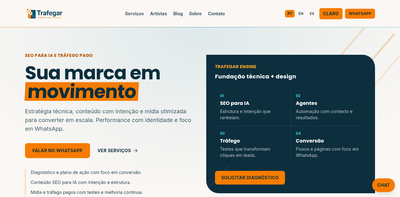 Captura do site da Trafegar em português